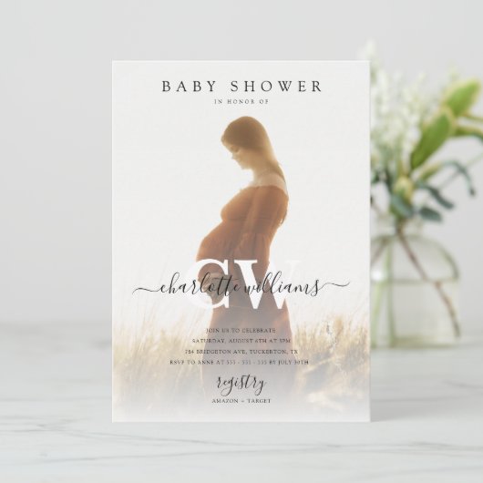Monogram Modern Script Photo Baby shower Kaart (Staand voorkant)