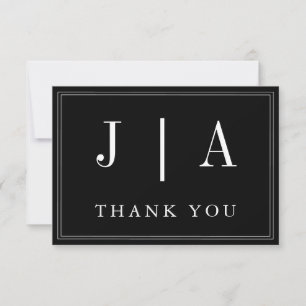 Monogram Modern Simple Black and White Wedding Bedankkaart