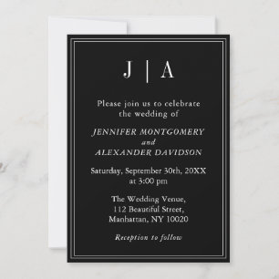 Monogram Modern Simple Black and White Wedding Kaart