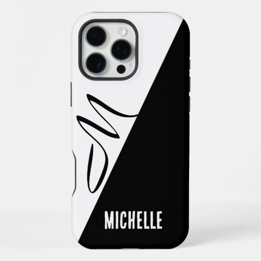Monogram Modern Split Zwart & Wit Aangepaste Naam iPhone Hoesje (Achterkant)