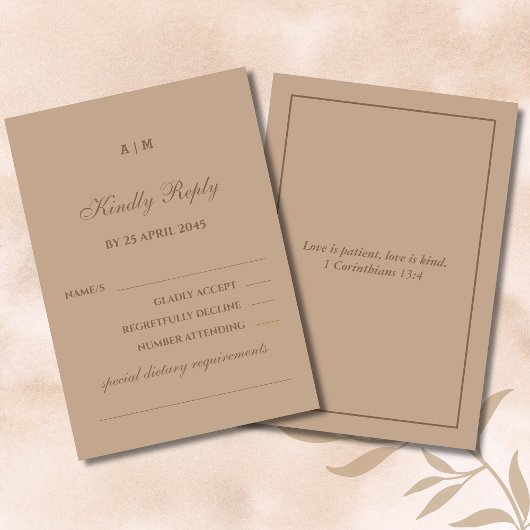 Monogram Modern Taupe Christian Wedding RSVP Card 