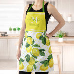 Monogram modern trendy lemon waterverf polka dot schort<br><div class="desc">Hier is een wonderlijke manier om het plezier van het bakken toe te voegen. Voeg extra glans toe aan je culinaire avonturen wanneer je dit mooie, chic, trendy, moderne, aangepaste monogram-naam schort draag. Verse, rustige, landelijke waterverf citroenen en groene bladeren leggen lichtgele polka stippen op een witte achtergrond over. Bovendien...</div>