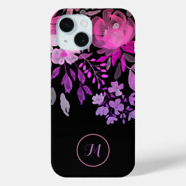 Monogram Modern Vrouwelijk Helder Roze Bloemen Zwa iPhone 15 Case