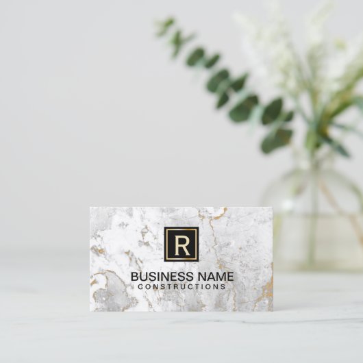 Monogram Modern White Marble Visitekaartje (Staand voorkant)