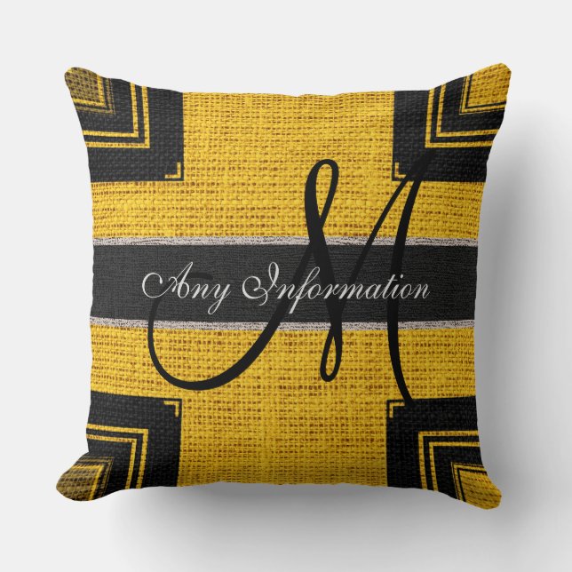 Monogram Modern Yellow & Black Burlap Rustic Jute Kussen (Voorkant)