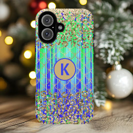 Monogram Modern Zeemeermin Glitter Groen Blauw iPhone 16 Hoesje