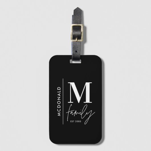 Monogram modern zwart gepersonaliseerde familie el bagagelabel (Voorkant (verticaal))