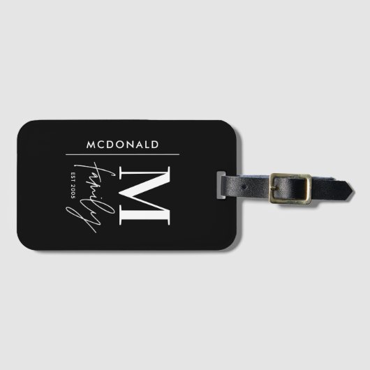 Monogram modern zwart gepersonaliseerde familie el bagagelabel (Voorkant (horizontaal))