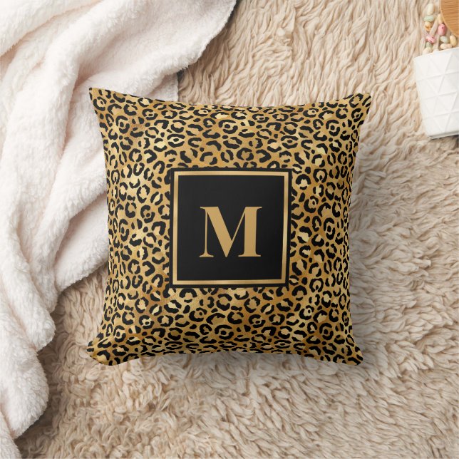 Monogram Modern Zwart Goud Luipaardprint Kussen (Deken)