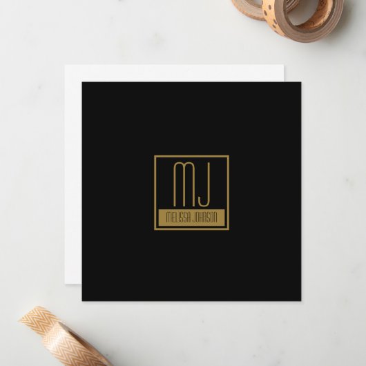 Monogram modern zwart-goudInitiaal Notitiekaartje (Voorkant / Achterkant in situ)