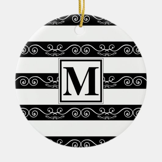 Monogram modern Zwart wit gestreept Keramisch Ornament (Voorkant)