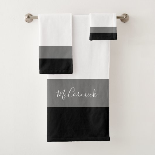 Monogram modern zwart-wit grijze stripes bad handdoek (Insitu)