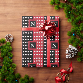Monogram modern zwart-wit hart cadeaupapier