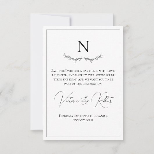 Monogram Modern Zwart & Wit Save The Date (Voorkant)