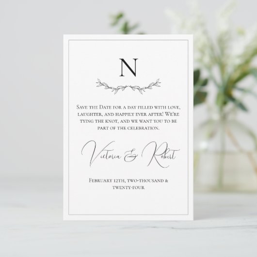Monogram Modern Zwart & Wit Save The Date (Staand voorkant)
