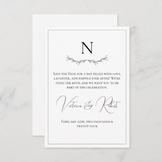 Monogram Modern Zwart & Wit Save The Date (Voorkant / Achterkant)