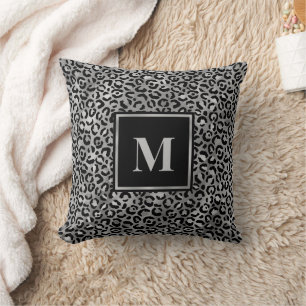 Monogram Modern Zwart Zilver Grijs Luipaardprint Kussen