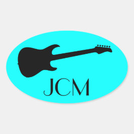 Monogram Modern Zwarte Elektrische Gitaar op Aqua  Ovale Sticker