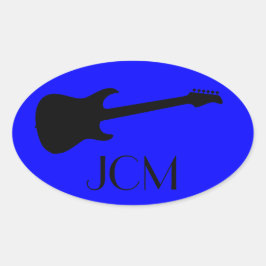 Monogram Modern Zwarte Elektrische Gitaar op Blauw Ovale Sticker