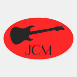 Monogram Modern Zwarte Elektrische Gitaar op Rood Ovale Sticker
