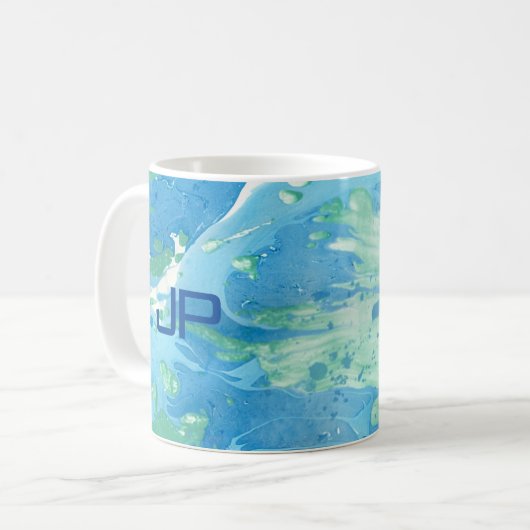 Monogram Moderne Abstracte Art Blue Sjabloon Koffiemok (Voorkant links)