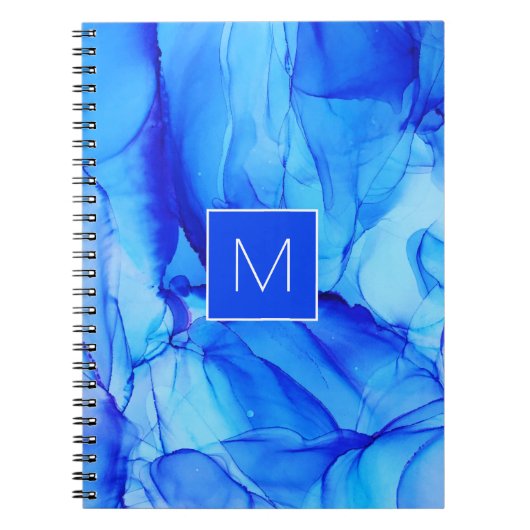 Monogram Moderne Abstracte Blauwe Inktwassing Notitieboek (Voorkant)
