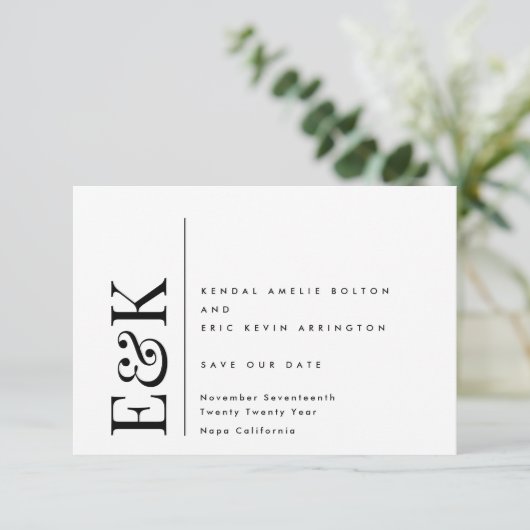 Monogram Moderne bewerkbare QR Code Foto Zwart Wit Save The Date (Staand voorkant)