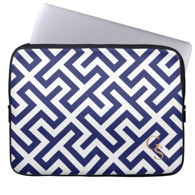 Monogram moderne blauwe abstracte geometrische pat laptop sleeve (Voorkant)