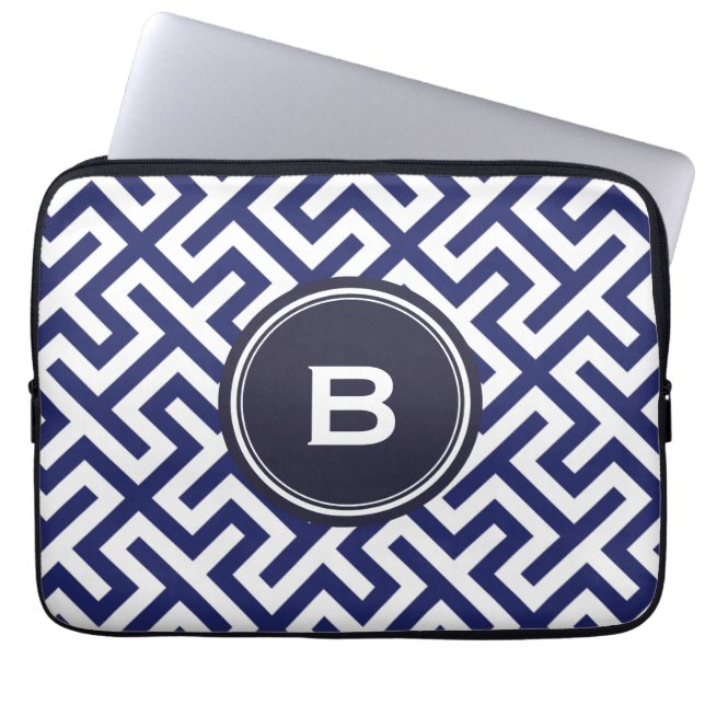 Monogram moderne blauwe abstracte geometrische pat laptop sleeve (Voorkant)