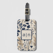 Monogram Moderne Blauwe Bloemen Bagagelabel (Voorkant (verticaal))