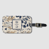 Monogram Moderne Blauwe Bloemen Bagagelabel (Voorkant (horizontaal))