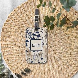 Monogram Moderne Blauwe Bloemen Bagagelabel