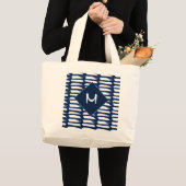 Monogram moderne blauwe witte strepen grote tote bag (Voorkant (product))