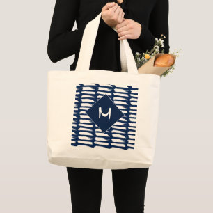 Monogram moderne blauwe witte strepen grote tote bag