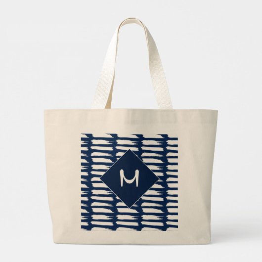 Monogram moderne blauwe witte strepen grote tote bag (Achterkant)