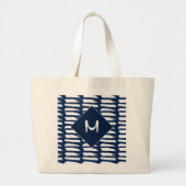 Monogram moderne blauwe witte strepen grote tote bag (Voorkant)