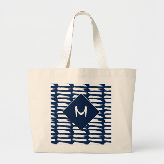 Monogram moderne blauwe witte strepen grote tote bag (Voorkant)