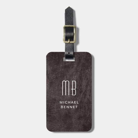 Monogram moderne bruine faux lederen textuur bagagelabel (Voorkant verticaal)