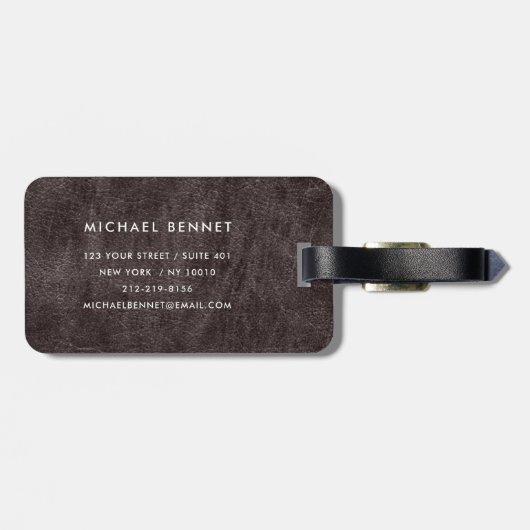Monogram moderne bruine faux lederen textuur bagagelabel (Achterkant horizontaal)
