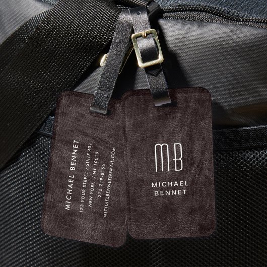 Monogram moderne bruine faux lederen textuur bagagelabel