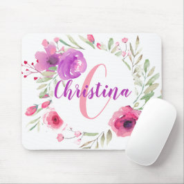 Monogram moderne Chic Girly Floral Pink Waterverf Muismat