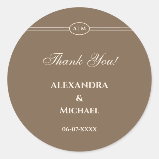 Monogram Moderne Cream Taupe bruiloft Dank u Ronde Sticker (Voorkant)
