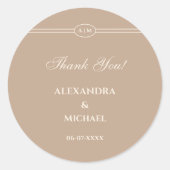 Monogram Moderne Cream Taupe bruiloft Dank u Ronde Sticker (Voorkant)