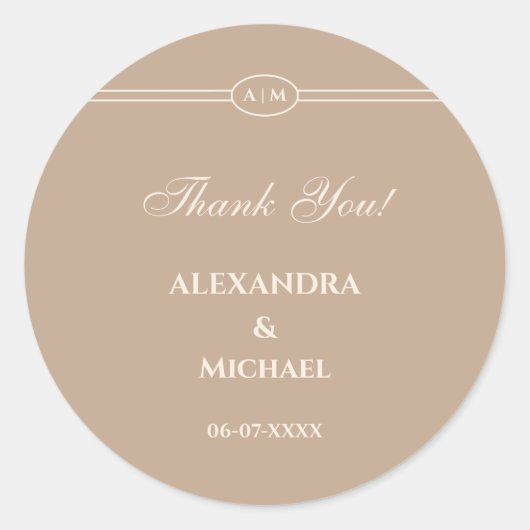 Monogram Moderne Cream Taupe bruiloft Dank u Ronde Sticker (Voorkant)