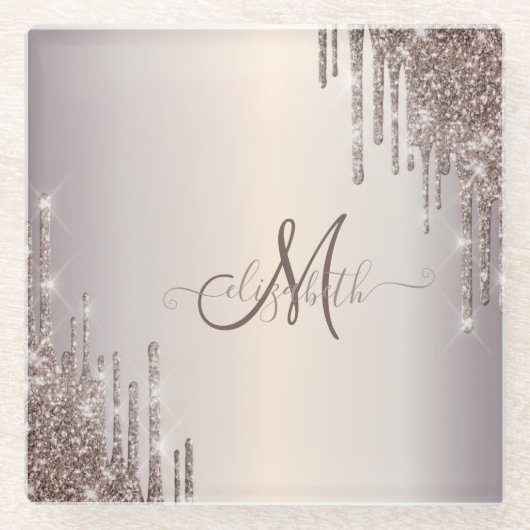Monogram moderne crèmekleurige glitter glazen onderzetter (Voorkant)