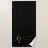 Monogram Moderne Elegante Zwart Goud Script Initia Strandlaken (Voorkant)
