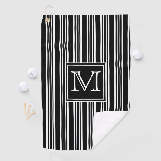 Monogram | Moderne elegante zwarte en witte strepe Golfhanddoek (Insitu)