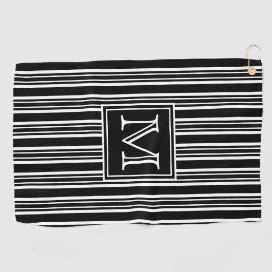 Monogram | Moderne elegante zwarte en witte strepe Golfhanddoek (Horizontaal)