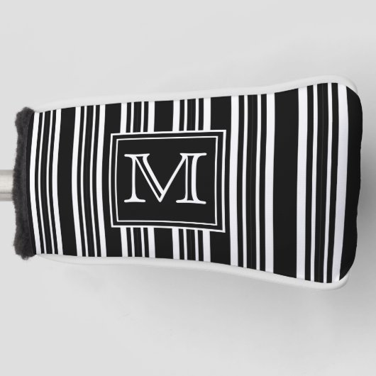 Monogram | Moderne elegante zwarte en witte strepe Golfheadcover (Voorkant)