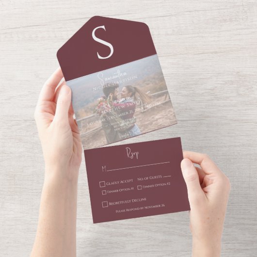 Monogram Moderne foto Bourgondische wijn diner All In One Uitnodiging (Afscheurbaar)